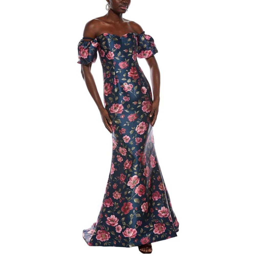 Rene Ruiz Womens  Off-The-Shoulder Sculpted Bodice Puff Sleeve Gown, Blue